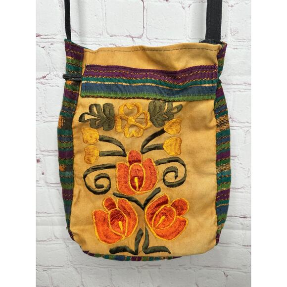 Unbranded Handbags - Embroidered Floral Indie Bag Earthy Hippie Boho Crossbody Bucket Purse